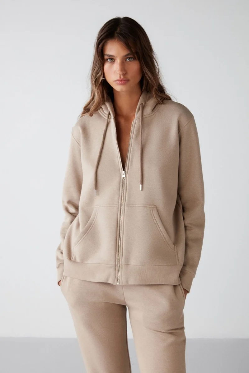 GRIMELANGE Carlota Women's Relaxed Pattern Hooded Zippered Mink Sweatshirt