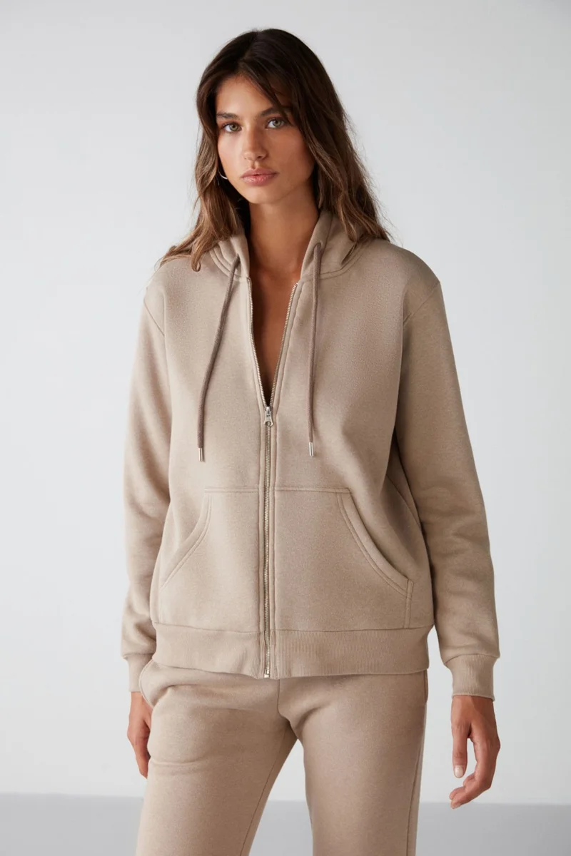GRIMELANGE Carlota Women's Relaxed Pattern Hooded Zippered Mink Sweatshirt