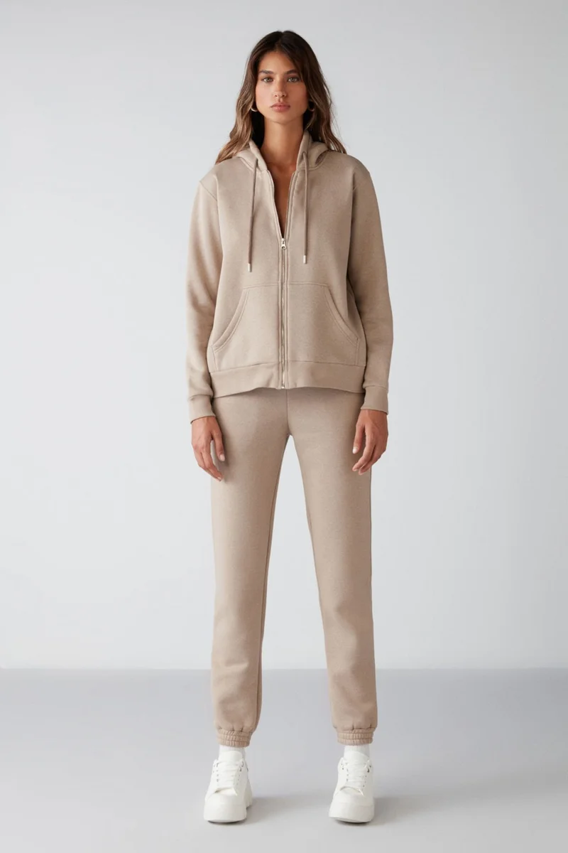GRIMELANGE Carlota Women's Relaxed Pattern Hooded Zippered Mink Sweatshirt