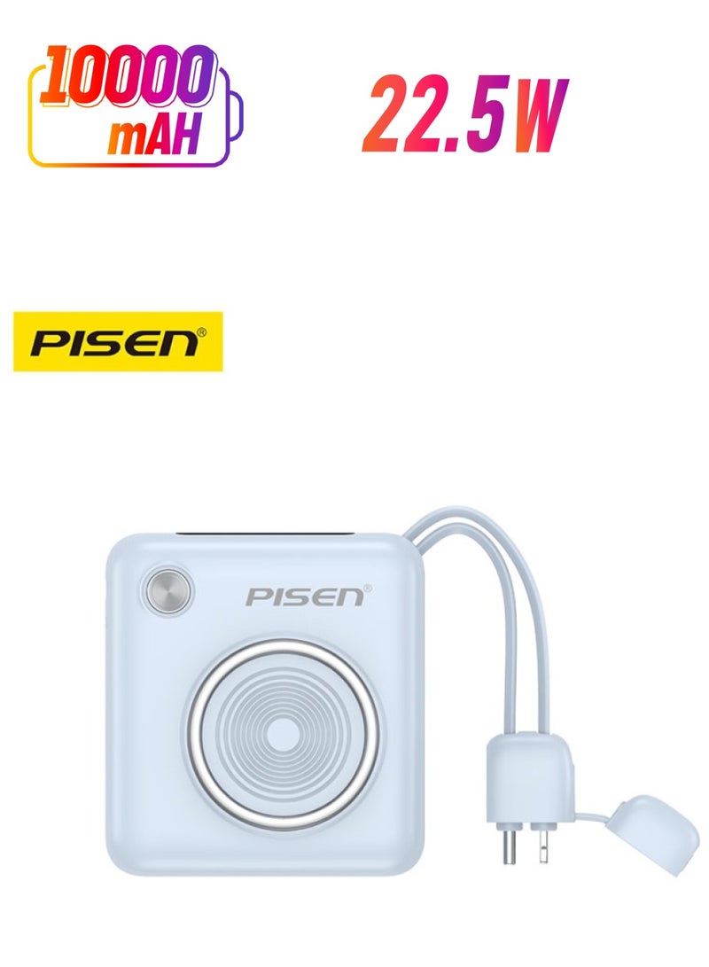 Pisen 10000 mAh Mini 22.5W Fast Charging power Bank PD 3.0 Ultra Compact Travel Portable with Built in Dual Type C & Lightning Cable LED Display Charge your iPhones Ipad and Android Devices. - Image 1