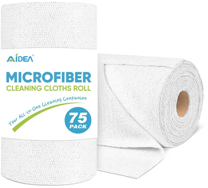 AIDEA Microfiber Cleaning Cloth Roll White 75PK Microfiber Towels for Cars Tear Away Reusable Paper Towels Commercial Shop Rags Lint Free Rags for House Kitchen Automotive 115115