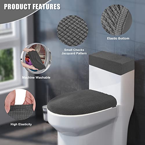 AZHCHKE Toilet Lid Cover and Toilet Tank Cover Stretch Toilet Covers Set for Bathroom, Polyester Spandex Jacquard Fabric, Machine Washable, with Elastic Bottom, Gray - Image 3