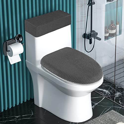 AZHCHKE Toilet Lid Cover and Toilet Tank Cover Stretch Toilet Covers Set for Bathroom, Polyester Spandex Jacquard Fabric, Machine Washable, with Elastic Bottom, Gray - Image 2