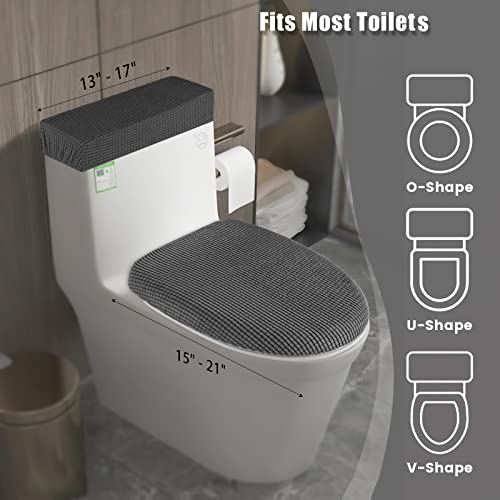 AZHCHKE Toilet Lid Cover and Toilet Tank Cover Stretch Toilet Covers Set for Bathroom, Polyester Spandex Jacquard Fabric, Machine Washable, with Elastic Bottom, Gray - Image 4