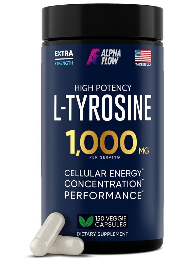 ALPHA FLOW - L Tyrosine 1000MG Capsules - All-Natural L- Tyrosine Supplement for Focus & Energy Boost - Non-GMO & Gluten-Free - Vegan 150 Caps -500mg x 2 per Serving - Image 1