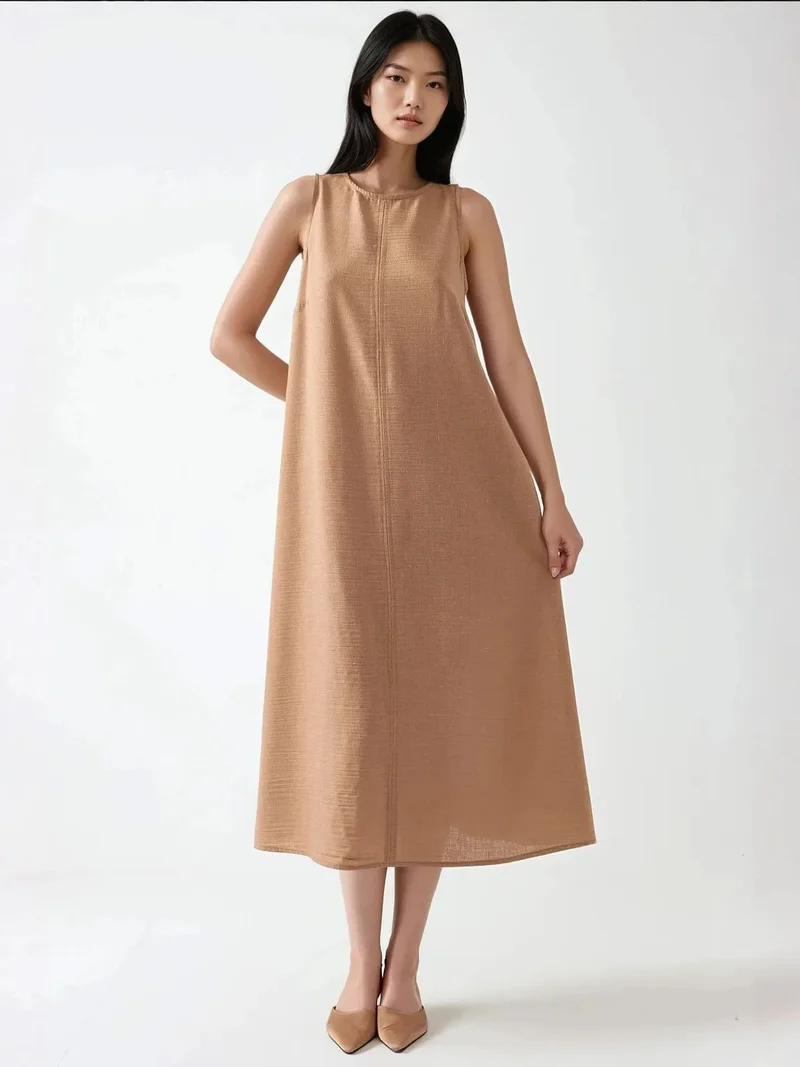 HICCUP Linen Feel Sleeveless Crew Neck Midi Dress