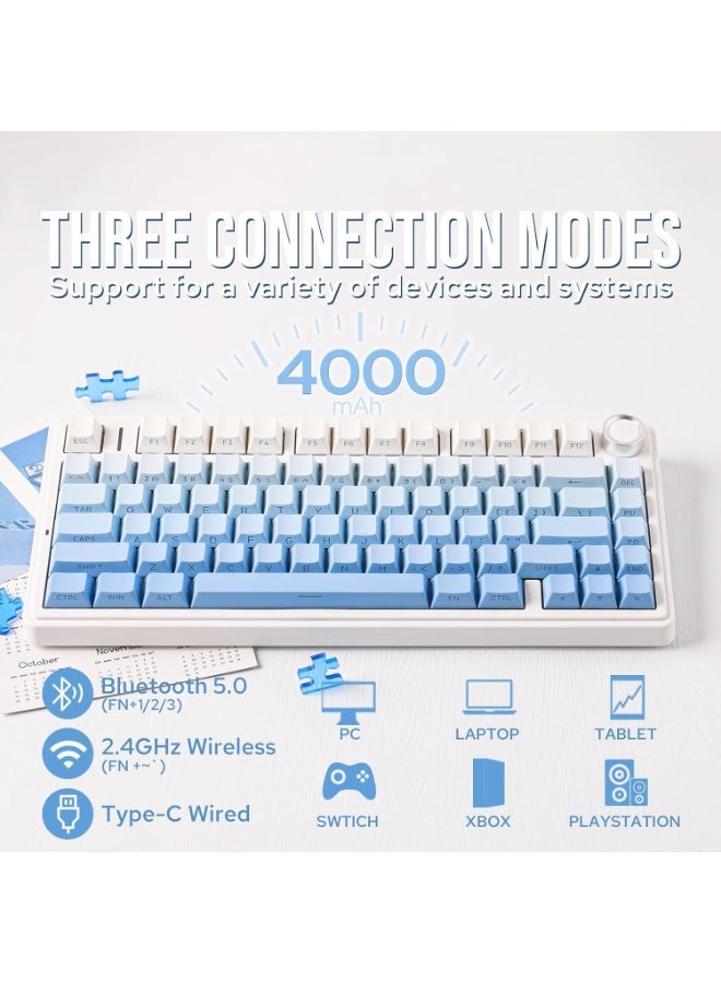 ابوماكر لوحة مفاتيح  F75 الميكانيكية، لوحة مفاتيح ألعاب لاسلكية قابلة للتبديل السريع بنسبة 75% مع حشوة ومقبض من خمس طبقات، بلوتوث/2.4 جيجاهرتز/USB-C، إضاءة RGB (تدرج أزرق، مفتاح - Image 3