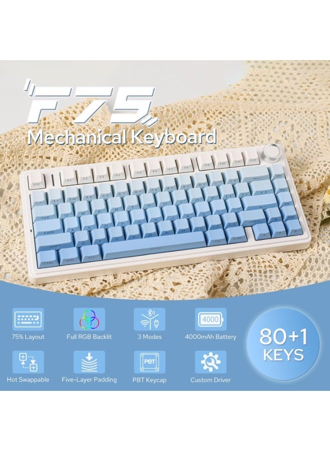 ابوماكر لوحة مفاتيح  F75 الميكانيكية، لوحة مفاتيح ألعاب لاسلكية قابلة للتبديل السريع بنسبة 75% مع حشوة ومقبض من خمس طبقات، بلوتوث/2.4 جيجاهرتز/USB-C، إضاءة RGB (تدرج أزرق، مفتاح - Image 4