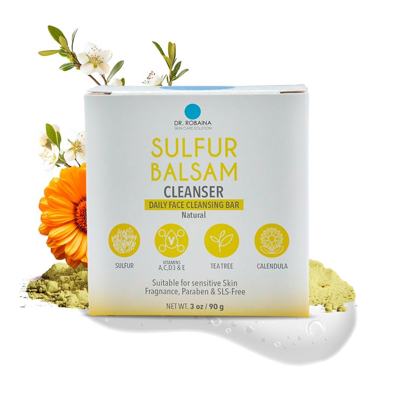 Dr Robaina Sulfur Balsam Cleansing Bar  Daily Soap for Acne and Eczema Relief  Gentle on Sensitive Skin with Tea Tree and Calendula  Made in the USA Pack of 1