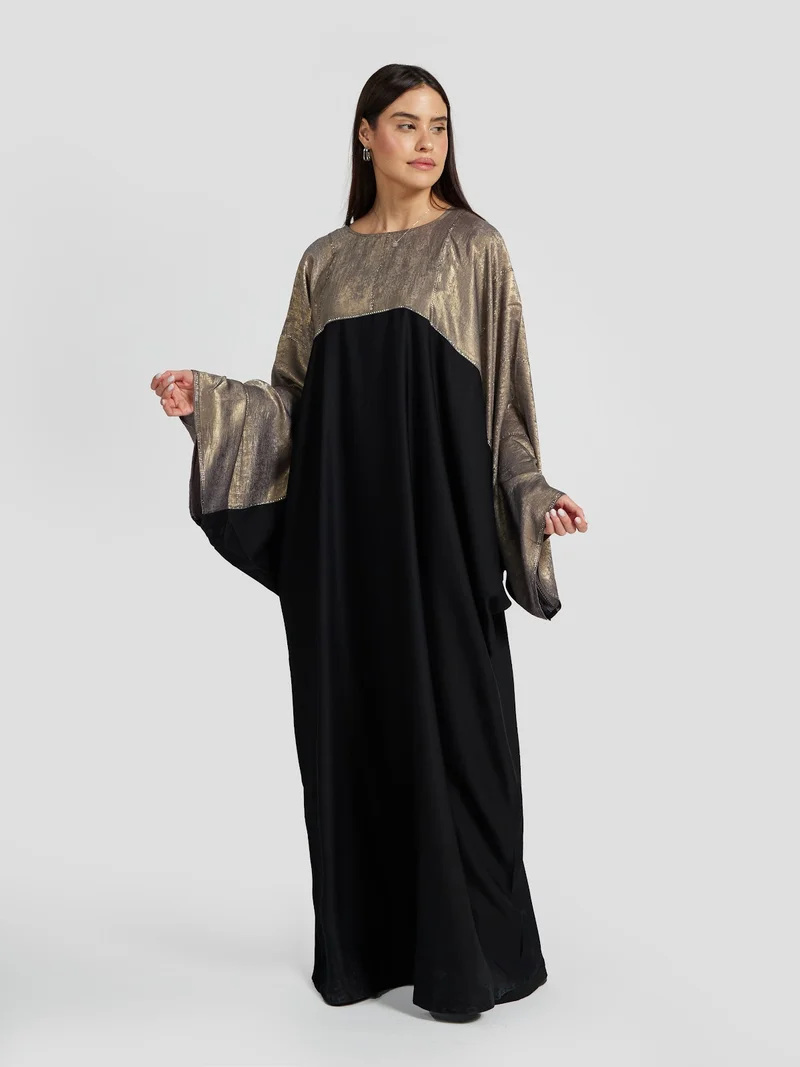 Reem Abayas Metallic Gold & Black Contrast Kimono Abaya