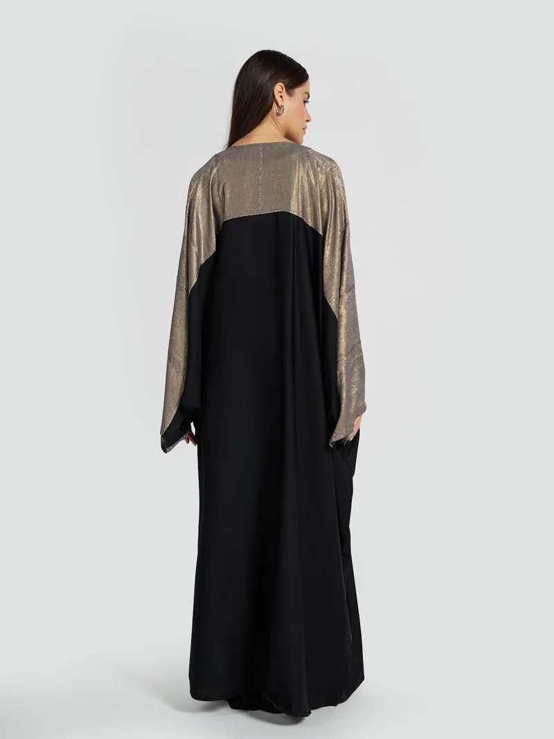 Reem Abayas  Metallic Gold & Black Contrast Kimono Abaya for Women | Best Price UAE