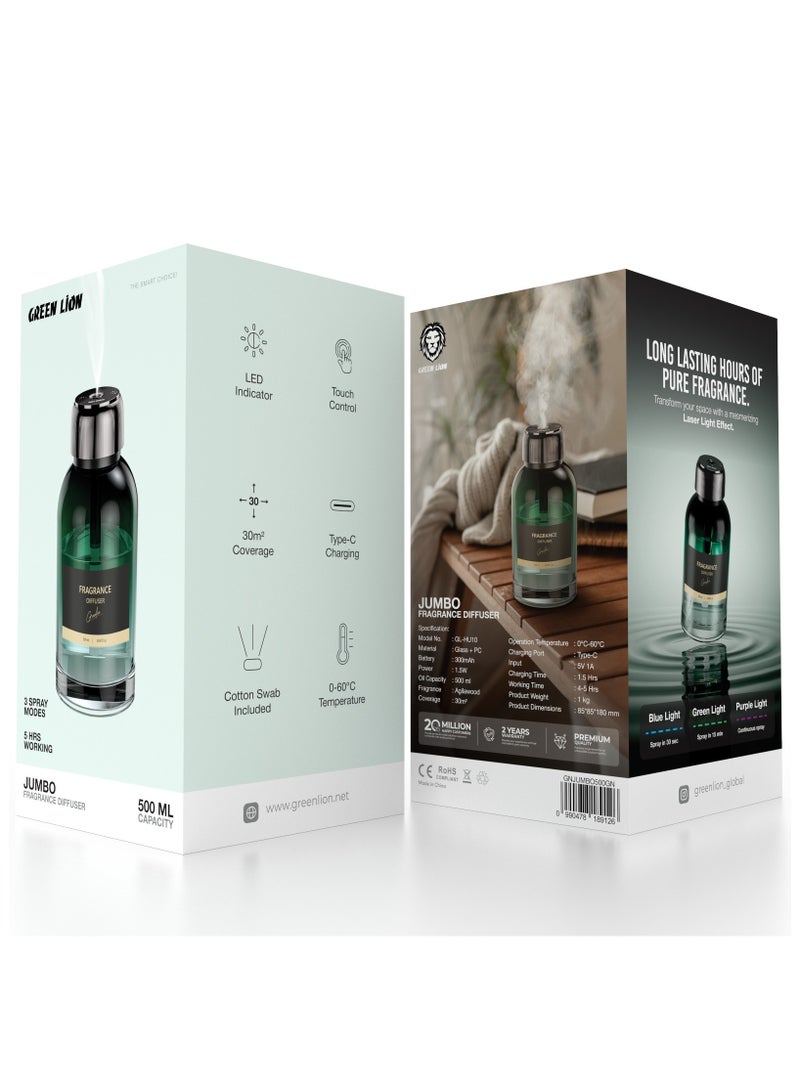 GREEN LION Jumbo Fragrance Diffuser / Multi Light Indicator / 3 Spray Modes / Laser Light Effect / Touch Control / Rechargeable / 500ml Pure Fragrance Humidifier - Green - Image 5