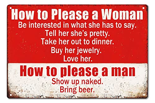 Fmcmly Funny Garage Sign Humor Man Cave Bar Art Decorations, How To Please A Woman And A Man Sign, Vintage Metal Tin Signs Home Kitchen Bedroom Wall Decor 8x12 Inch - Image 1