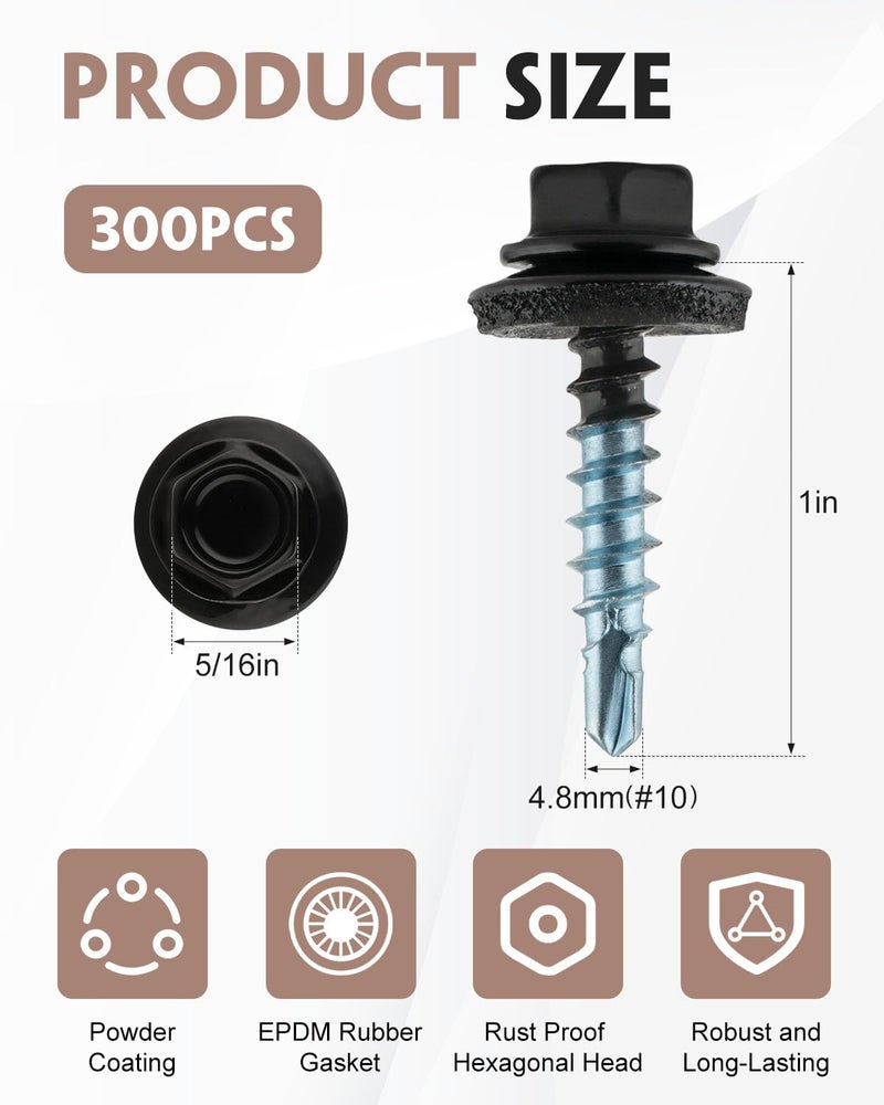 AOKLIT 300 Pcs #10 x 1 Hex Head Black Metal Roofing Screws with Rubber Washer, Self Drilling Sheet Metal Roofing Screws for Metal with Hex Bit Socket - Image 2