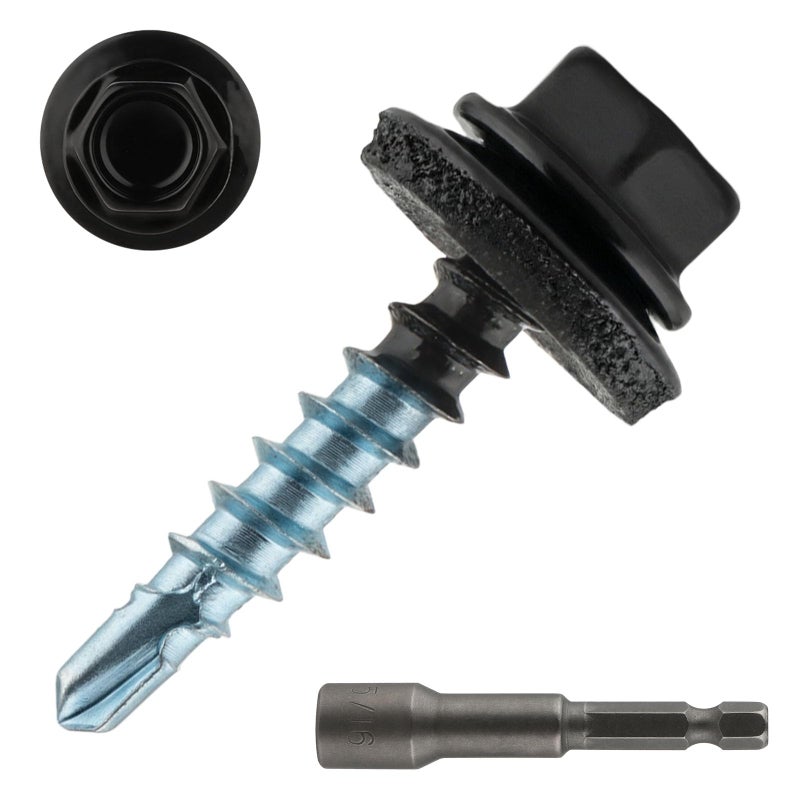 AOKLIT 300 Pcs #10 x 1 Hex Head Black Metal Roofing Screws with Rubber Washer, Self Drilling Sheet Metal Roofing Screws for Metal with Hex Bit Socket - Image 1