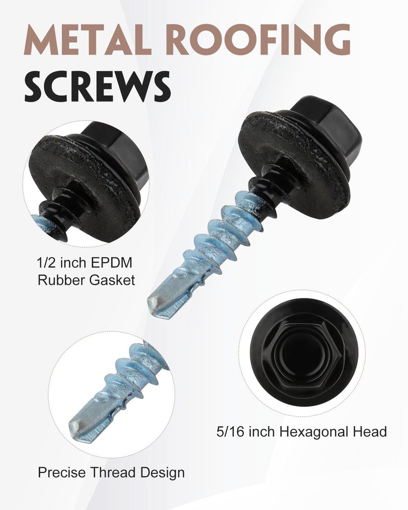 AOKLIT 300 Pcs #10 x 1 Hex Head Black Metal Roofing Screws with Rubber Washer, Self Drilling Sheet Metal Roofing Screws for Metal with Hex Bit Socket - Image 5