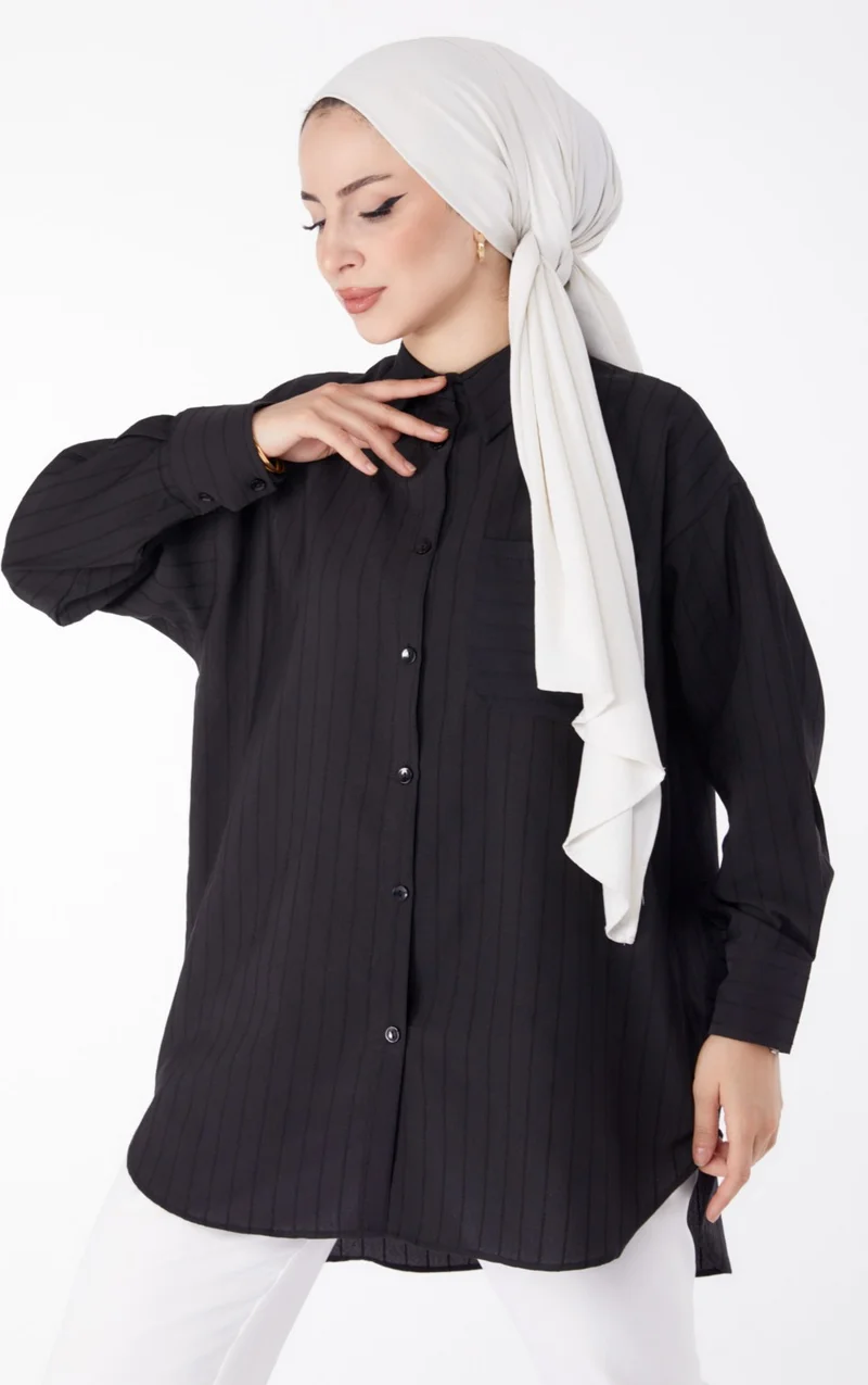 Tofisa Plain Shirt Collar Women's Black Single Pocket Striped Tunic - 25496