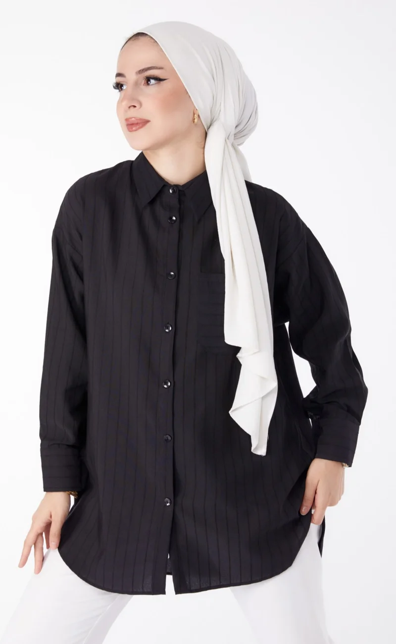 Tofisa Plain Shirt Collar Women's Black Single Pocket Striped Tunic - 25496