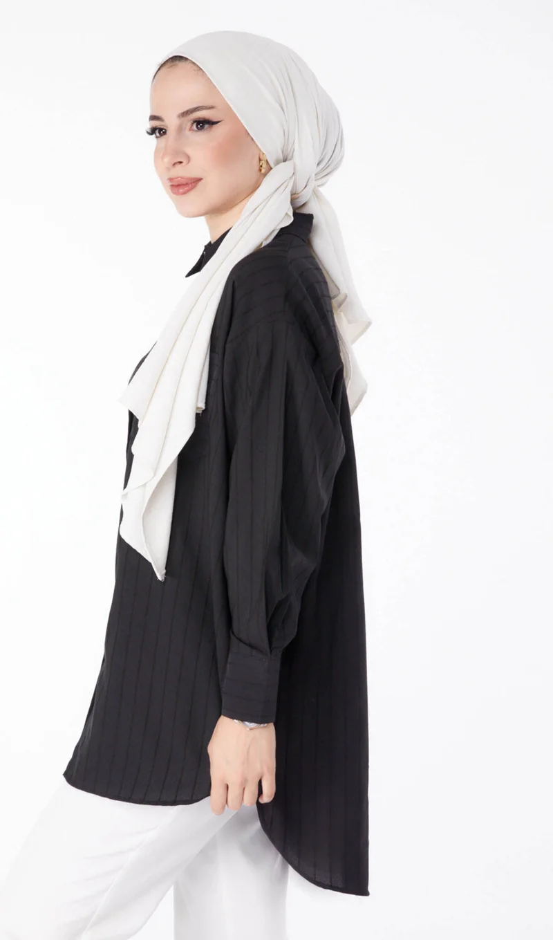 Tofisa Plain Shirt Collar Women's Black Single Pocket Striped Tunic - 25496