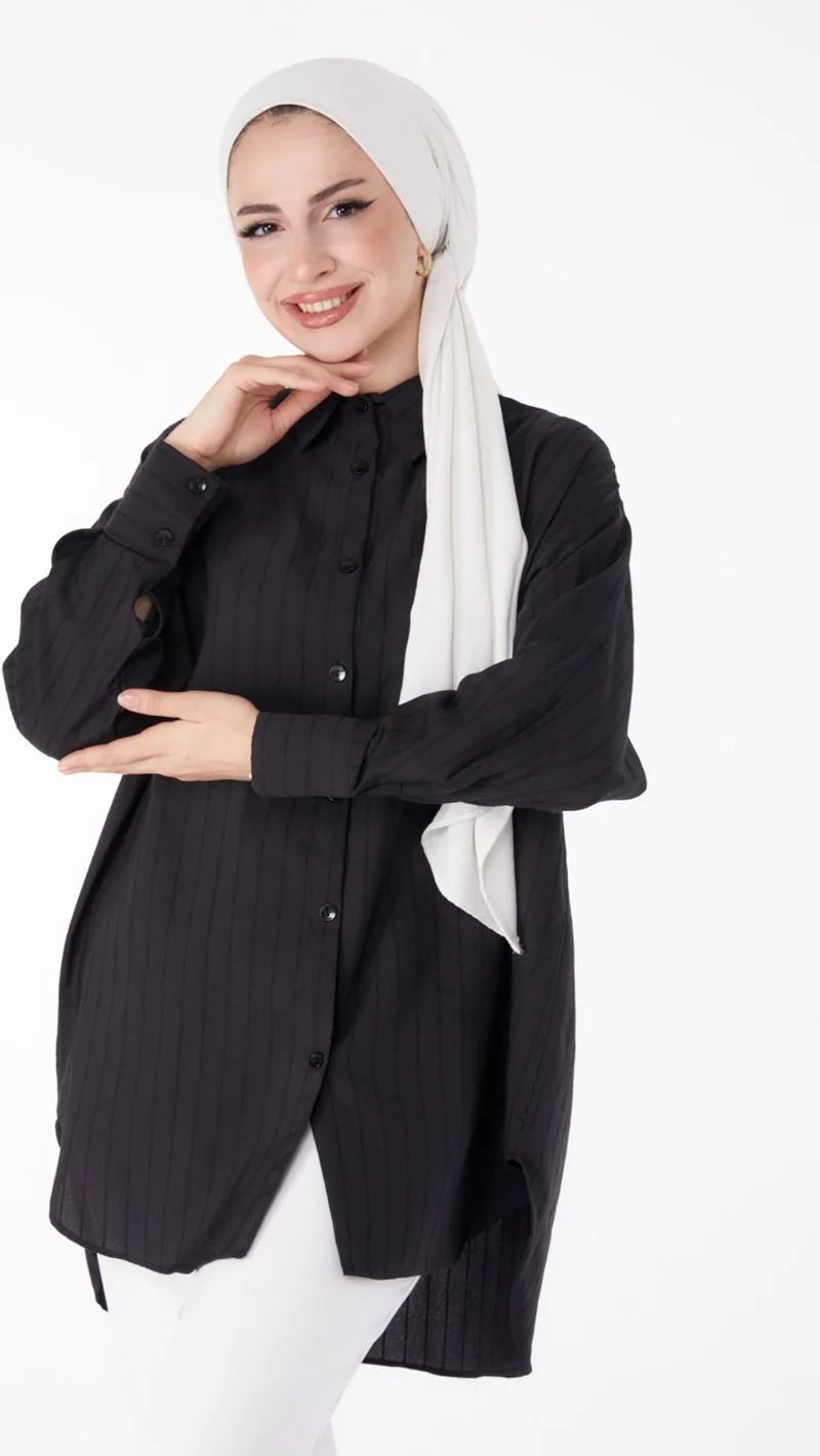 Tofisa Plain Shirt Collar Women's Black Single Pocket Striped Tunic - 25496