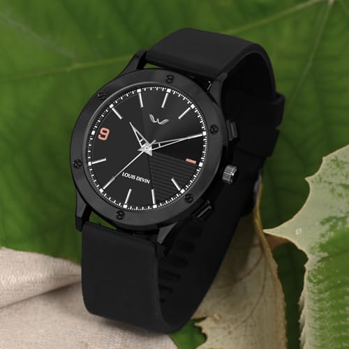 LOUIS DEVIN Black Silicone Strap Analog Wrist Watch for Men (Black Dial) | LD-BK072-BLACK - Image 2