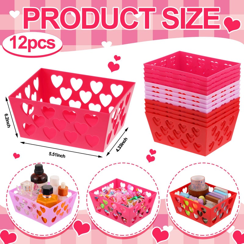 Menkxi 12 Pcs Valentine's Day Pink and Red Baskets, 5.5 x 4 x 2.5 Small Heart Hollowed Plastic Baskets Bulk Empty Love Gift Container Storage Bins for Home Party Favor Valentine's Day - Image 2