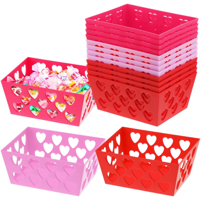 Menkxi 12 Pcs Valentine's Day Pink and Red Baskets, 5.5 x 4 x 2.5 Small Heart Hollowed Plastic Baskets Bulk Empty Love Gift Container Storage Bins for Home Party Favor Valentine's Day - Image 1
