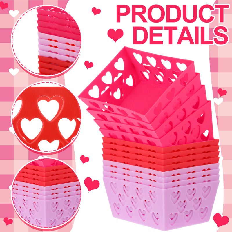 Menkxi 12 Pcs Valentine's Day Pink and Red Baskets, 5.5 x 4 x 2.5 Small Heart Hollowed Plastic Baskets Bulk Empty Love Gift Container Storage Bins for Home Party Favor Valentine's Day - Image 3