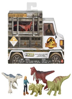 Jurassic World Toys Dominion Carnotaurus Clash Pack, 5 Mini Toys Including 1 Human Figure & 4 Dinosaurs in Truck-Themed Package
