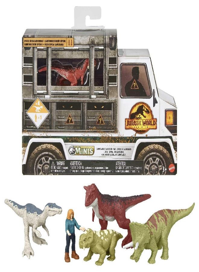 Jurassic World Toys - Jurassic World Toys Dominion Carnotaurus Clash Pack, 5 Mini Toys Including 1 Human Figure & 4 Dinosaurs in Truck-Themed Package - Image 1