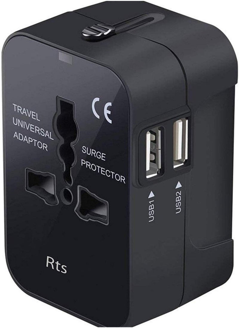 BGM Dual USB Universal Travel Adapter, International All in One Worldwide Travel Adapter and Wall Charger with USB Ports with Multi Type Power Outlet USB 2.1A,100-250 Voltage Travel Charger (Black)  - Image 1