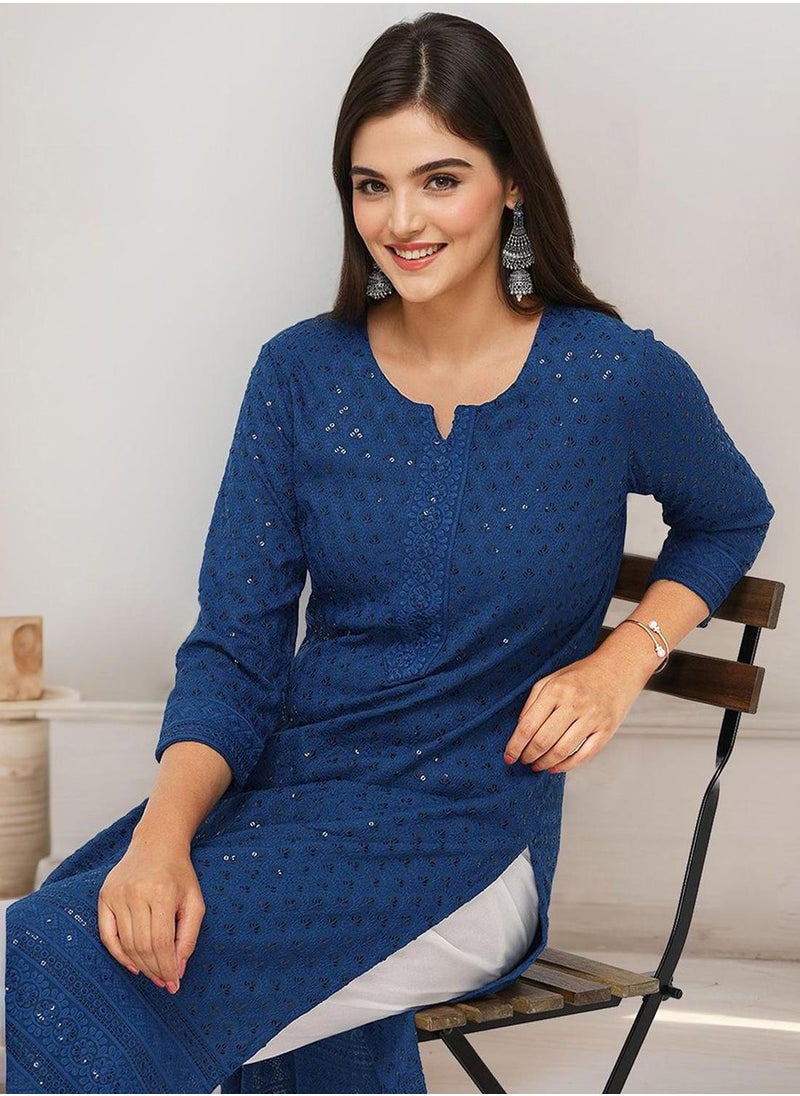 ISHIN Women's Teal Rayon Embellished Tunic Straight Fit Kurta  - Image 1