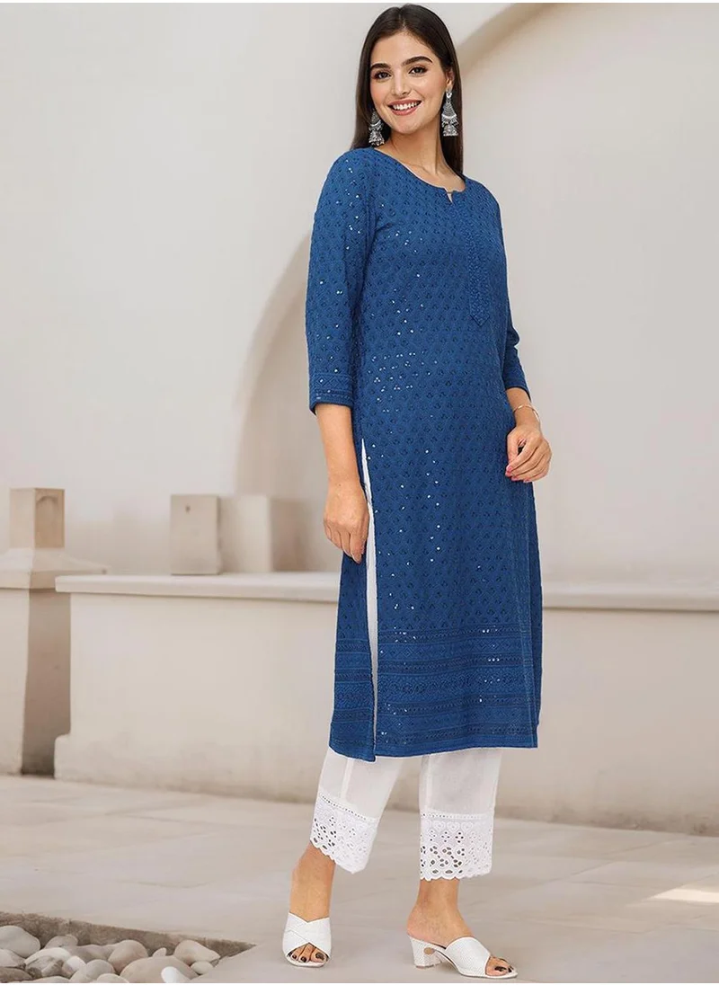 آي شين Women's Teal Rayon Embellished Tunic Straight Fit Kurta