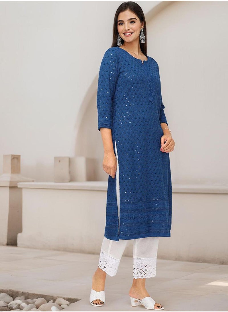 ISHIN Women's Teal Rayon Embellished Tunic Straight Fit Kurta  - Image 2