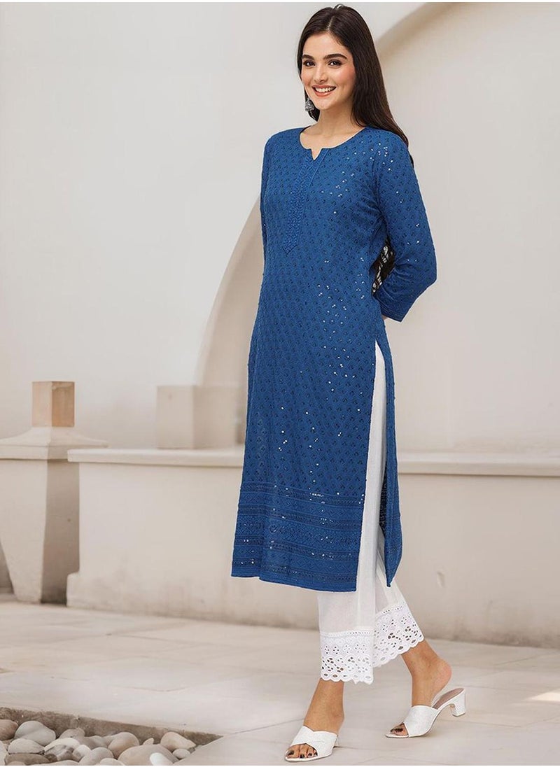 ISHIN Women's Teal Rayon Embellished Tunic Straight Fit Kurta  - Image 5
