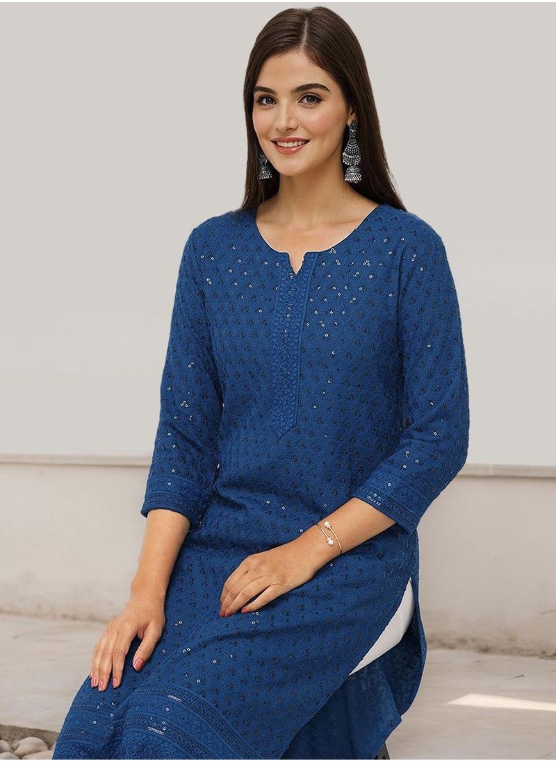 ISHIN Women's Teal Rayon Embellished Tunic Straight Fit Kurta  - Image 3
