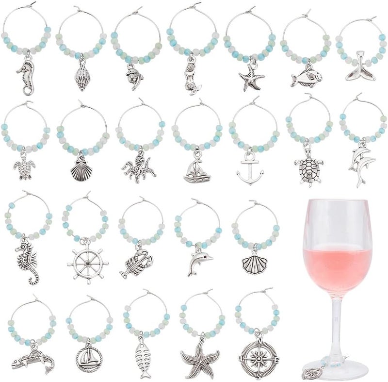 FREEBLOSS 24 Pcs Wine Glass Charms Set Marine Animals Wine Glass Charms Drink Markers Rings Drink Markers Tags Identifiers Themed Party Decorations - Image 1