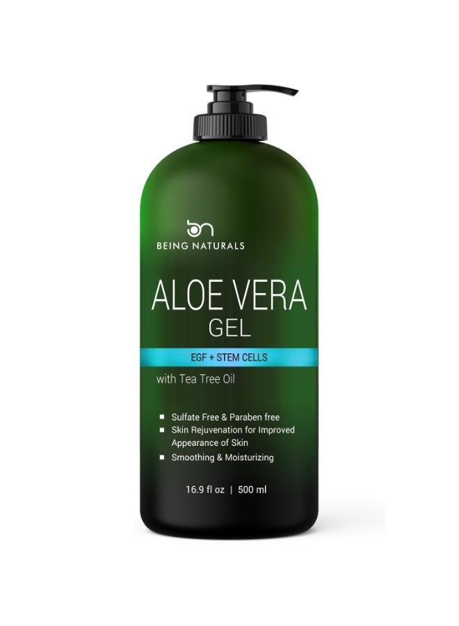 Being Naturals Aloe vera Gel - from 100% Pure Organic Aloe Infused with EGF, Stem Cell, Rosemary Oil - Natural Raw Moisturizer for Face, Body, Hair. Perfect for Sunburn, Acne, Razor Bumps 16.9 fl oz - Image 1