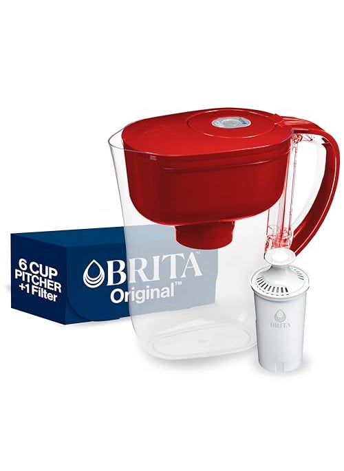 BRITA Brita Water Filter Pitcher for Tap and Drinking Water with 1 Standard Filter Lasts 2 Months 6Cup Capacity BPA Free Red 