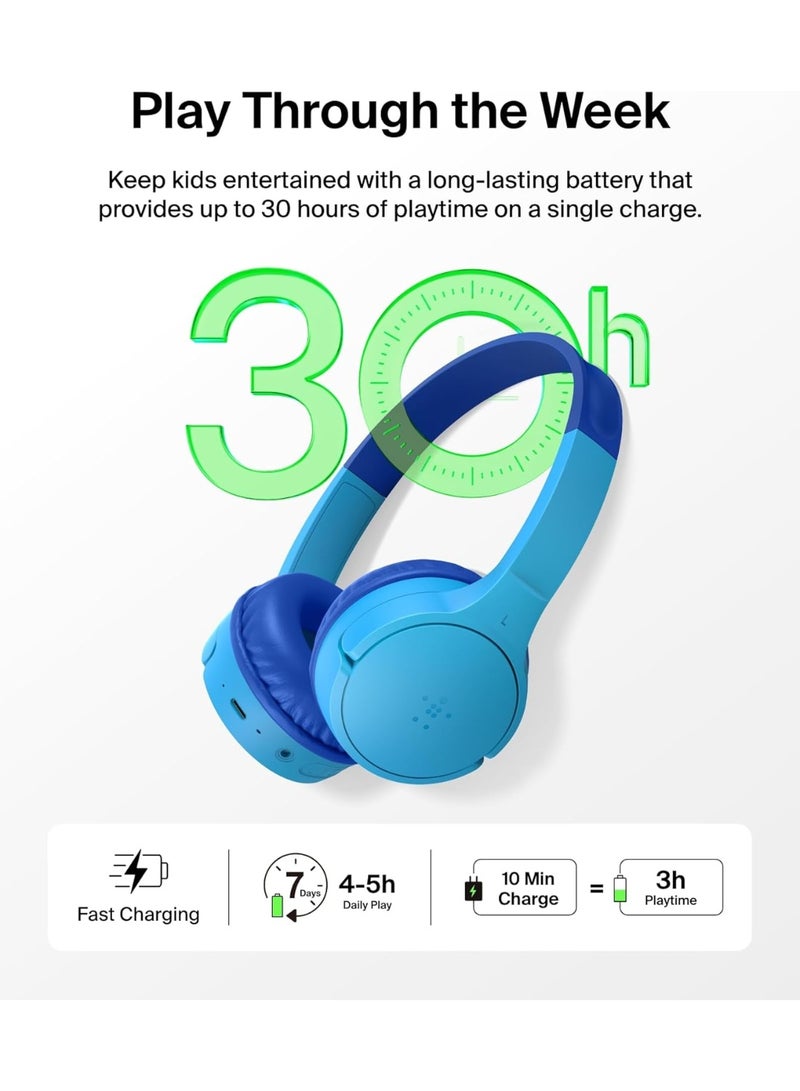 Belkin SoundForm Mini Kids Wireless Headphones with Built-In Microphone, 30H of Playback Time, & Fun Stickers - Over-Ear Headsets for Online Learning, School, Travel, iPhone, iPad, Galaxy - Blue Blue - Image 3