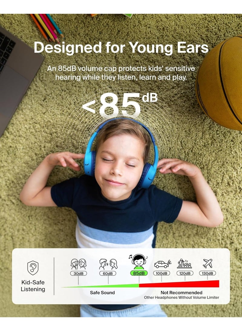 Belkin SoundForm Mini Kids Wireless Headphones with Built-In Microphone, 30H of Playback Time, & Fun Stickers - Over-Ear Headsets for Online Learning, School, Travel, iPhone, iPad, Galaxy - Blue Blue - Image 2
