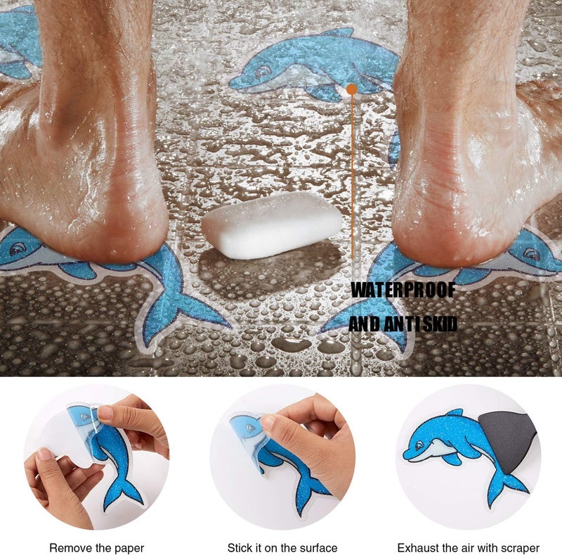 Secopad Non Slip Dolphin Bathtub Stickers, 20 PCS Adhesive Kids Anti Slip Decal Treads for Shower and Bath Tub with Premium Scraper - Image 3