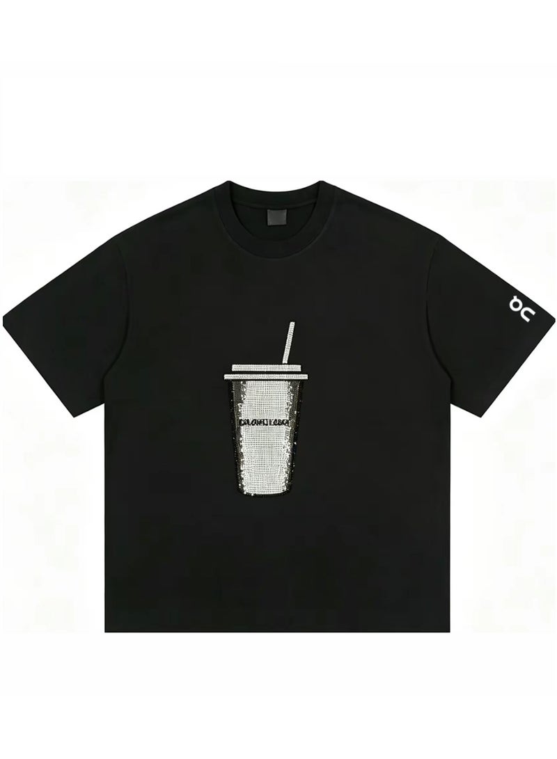 اون راننج On Running Milk tea cups full of rhinestones for men and women in summer cotton loose round neck short sleeve T-shirts. - Image 2