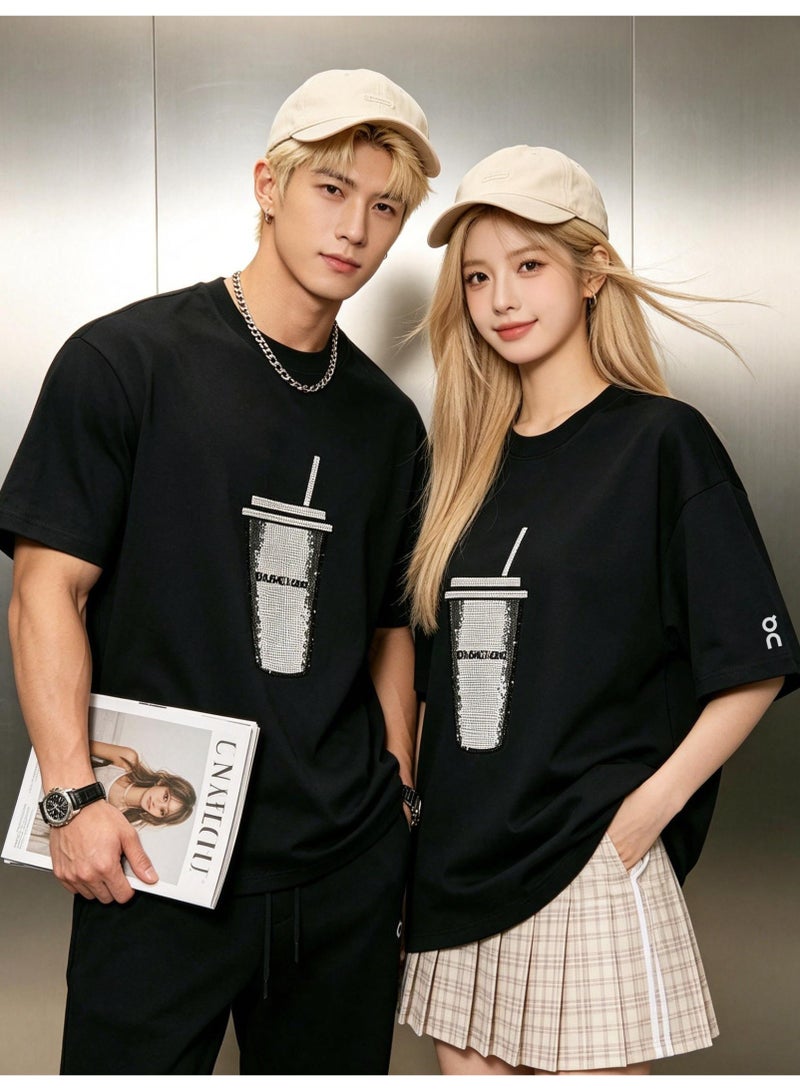 اون راننج On Running Milk tea cups full of rhinestones for men and women in summer cotton loose round neck short sleeve T-shirts. - Image 1