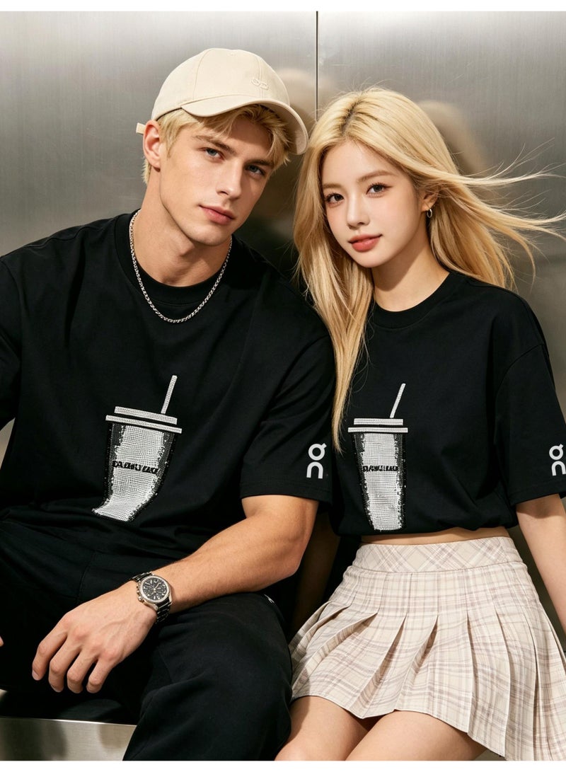 اون راننج On Running Milk tea cups full of rhinestones for men and women in summer cotton loose round neck short sleeve T-shirts. - Image 3