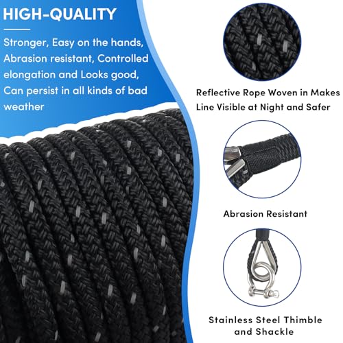 VEITHI Anchor Rope 100 ft x 3/8 inch Black, Double Braided Anchor Line with Stainless Steel Thimble & Shackle, Boat Rope with Reflective Strip Ideal for Towing,Mooring,Anchoring,for Boats Up to 27' - Image 3