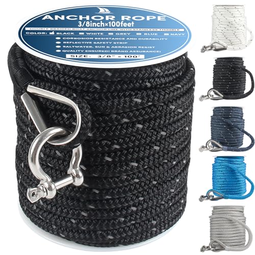 VEITHI Anchor Rope 100 ft x 3/8 inch Black, Double Braided Anchor Line with Stainless Steel Thimble & Shackle, Boat Rope with Reflective Strip Ideal for Towing,Mooring,Anchoring,for Boats Up to 27' - Image 1