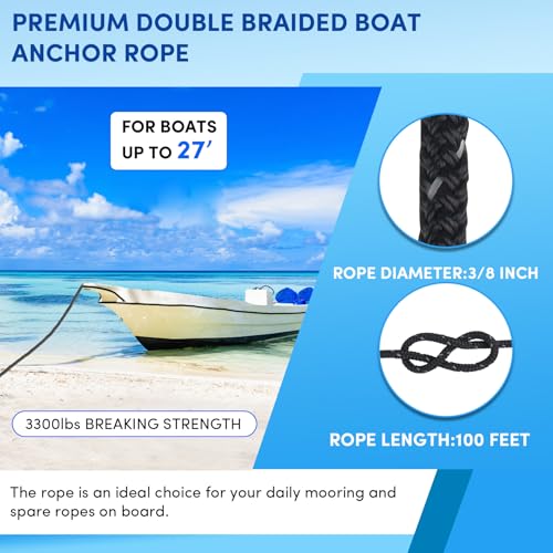 VEITHI Anchor Rope 100 ft x 3/8 inch Black, Double Braided Anchor Line with Stainless Steel Thimble & Shackle, Boat Rope with Reflective Strip Ideal for Towing,Mooring,Anchoring,for Boats Up to 27' - Image 2