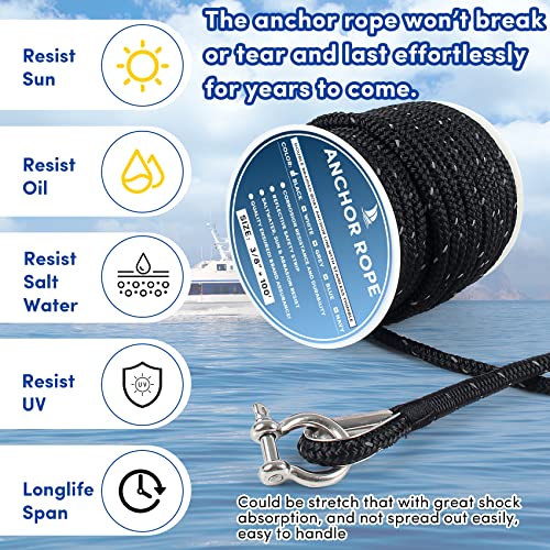 VEITHI Anchor Rope 100 ft x 3/8 inch Black, Double Braided Anchor Line with Stainless Steel Thimble & Shackle, Boat Rope with Reflective Strip Ideal for Towing,Mooring,Anchoring,for Boats Up to 27' - Image 5