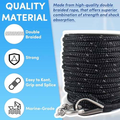 VEITHI Anchor Rope 100 ft x 3/8 inch Black, Double Braided Anchor Line with Stainless Steel Thimble & Shackle, Boat Rope with Reflective Strip Ideal for Towing,Mooring,Anchoring,for Boats Up to 27' - Image 4